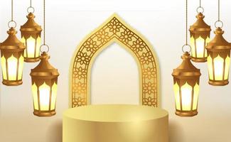 cylinder stage with hanging 3d golden lantern vector