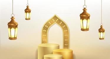 Ramadan islamic event with golden lantern and cylinder podium product display template vector