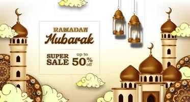 ramadan mubarak sale offer banner luxury elegant with mosque and lantern decoration vector