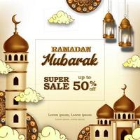 ramadan mubarak sale offer banner luxury elegant with mosque and lantern decoration vector