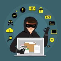 hacker cibernético robando datos en un dispositivo de internet vector