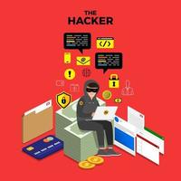 hacker cibernético robando datos en un dispositivo de internet vector