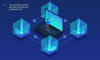 Flat design concept blockchain and cryptocurrency technology. Composition for layout design website banner. Isometric vector illustration.