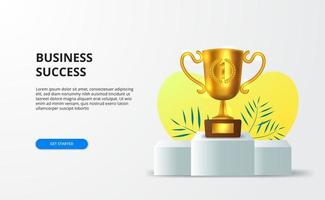 Success business with 3d golden realistic big trophy for award and achievement team with stage podium for banner presentation vector