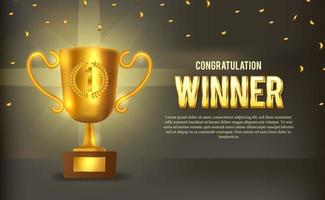 golden trophy with golden confetti and dark background. winner announcement on stage for olympic or sports game. vector
