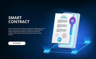 contrato inteligente digital para seguridad de acuerdo de documento de firma electrónica, finanzas, legal corporativo. Ilustración de teléfono con certificado y seguridad de protección de claves. vector