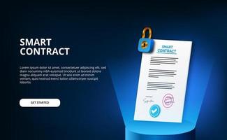 Digital smart contract for electronic sign document agreement security, finance, legal corporate. Paper certificate with padlock cylinder podium stage