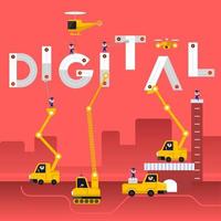 equipos de construcción construyendo la palabra digital vector