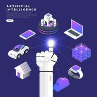 Hand of robot connecting artificial intelligence to various devices vector