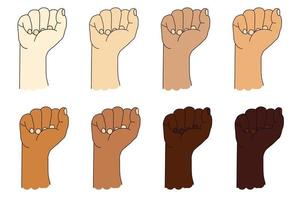 Collection of human ethnic hands with different skin color. Hand gesture. Raised fist or clenched fist. Vector illustration isolated on white