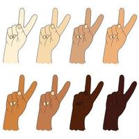 Collection of human ethnic hands with different skin color. Hand gesture - shows two fingers. Gesture number two or gesture V is victory. Vector drawing