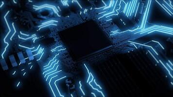 Circuit de cpu sur ordinateur avec intelligence artificielle et transfert bleu brillant de données volumineuses video