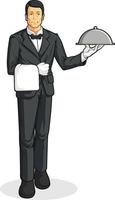 Restaurant Waiter Holding Silver Food Tray Butler Cartoon Drawing vector