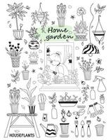 Elderly woman in a green interior in an open window. Set of doodles houseplants and flowers, topical plants, furniture, tools vector