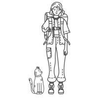 Linear outline drawing doodles. A girl tourist is standing in trousers and with a backpack vector