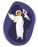 Easter Sunday. Christ Victorious Icon. Religious holiday - the Resurrection of Christ. He conquered death and was resurrected. Christ stands with the flag of victory and a gesture of blessing. Vector