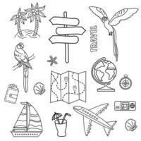 Set of tourist outline line drawings. Transport plane and ship, tropical island and parrots, map and globe. vector