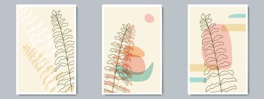Botanical Wall Art Vector Outline Poster Set. Minimalist Foliage with Abstract Simple Shape.