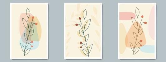 Botanical Wall Art Vector Poster Set. Minimalist Contour Foliage with Abstract Simple Shape.