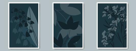 Botanical Dark Wall Art Vector Poster Set. Minimalist Shadow Foliage with Night Background.