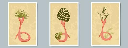 Hand Draw Unusual Snake Pottery Vase with Tropical Plants. Trendy Collage for Decoration in Greek Style vector