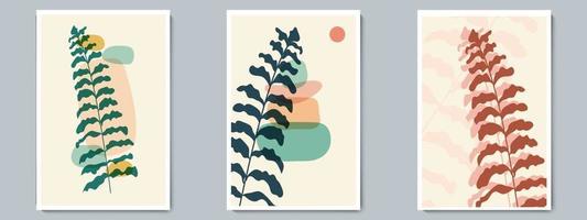 Botanical Wall Art Vector Poster Colored Set. Minimalist Foliage with Abstract Simple Shape
