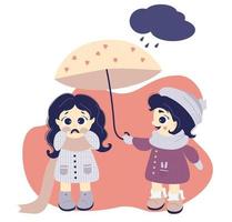 The girl hides a crying girl under an umbrella. The concept of mutual assistance and kindness. Children in winter clothes - hat, scarf, coat and boots vector