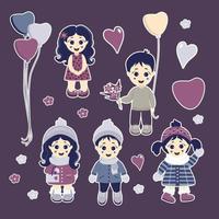 A set of stickers. Lovely children - boys and girls in winter and summer clothes vector