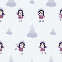 Seamless patterns. Cute little girl ice skating in different poses against the background of snow and Christmas trees. vector