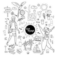 Girl and guy are tourists. Doodle set of travel objects vector