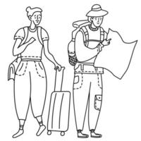 Linear drawing girl and guy tourists. She has a bag on her shoulder and a suitcase on wheels. vector