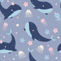 Seamless patterns with sea animals. Cute blue whales, jellyfish and starfishes on light purple background. Vector. For design, decor, printing, textiles, packaging and wallpaper vector
