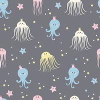 Seamless patterns with sea inhabitants. Cute starfishes, jellyfish and octopus on a gray background. Vector. For design, decor, printing, packaging, textiles and wallpaper