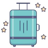 Travel luggage. Bright suitcase with wheels for travel, tourism and vacation. Vector