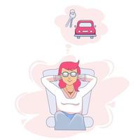 Vector drawing of a sitting and dreaming girl with closed eyes. Above her is a cloud with her desires - a bunch of keys and a pink car