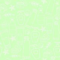 Seamless pattern of beauty and cosmetics icons. Creams and bottles, seashells. Vector outline illustration on a green background. Vector