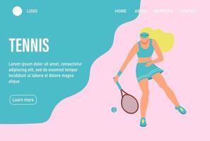 una mujer joven jugando al tenis. página de inicio del sitio web plantilla de página web de aterrizaje. un personaje plano. ilustración vectorial. vector