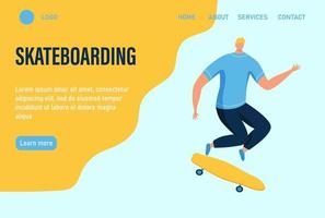 A young man or teenager rides a skateboard. Website homepage landing web page template. Flat vector illustration.