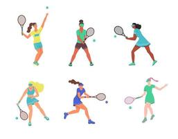 Young women playing tennis. A set of flat characters isolated on a white background. Vector illustration