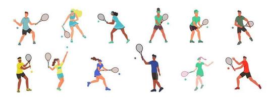 hombres y mujeres jóvenes jugando al tenis. un conjunto de caracteres planos aislados en un fondo blanco. ilustración vectorial vector