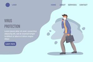 Virus protection landing web page template with man wearing a face mask vector