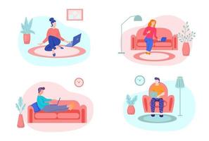 Set of young people working from home. Concept freelance, remote work, work from home, self-isolation, quarantine, people at home. Flat cartoon vector illustration.