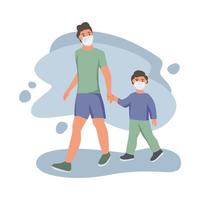 Man and child in protective face masks vector