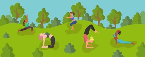 mujeres yoga al aire libre vector