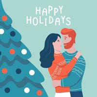 Couple in love hugging by a Christmas tree vector