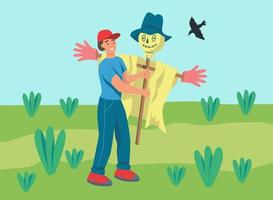 Farmer setting up a Scarecrow vector