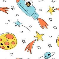 Seamless pattern of astronomical objects, represented by star clusters, planets, and an astronaut rocket vector