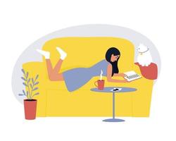 la mujer está acostada en el sofá y leyendo un libro con el gato. vector