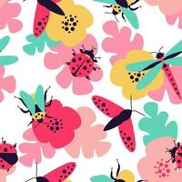 Close-up seamless pattern with insects - butterfly, bumblebee, dragonfly, ladybug and floral motifs vector