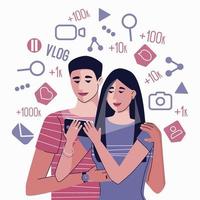 Couple girl and guy enthusiastically look at the smartphone vector